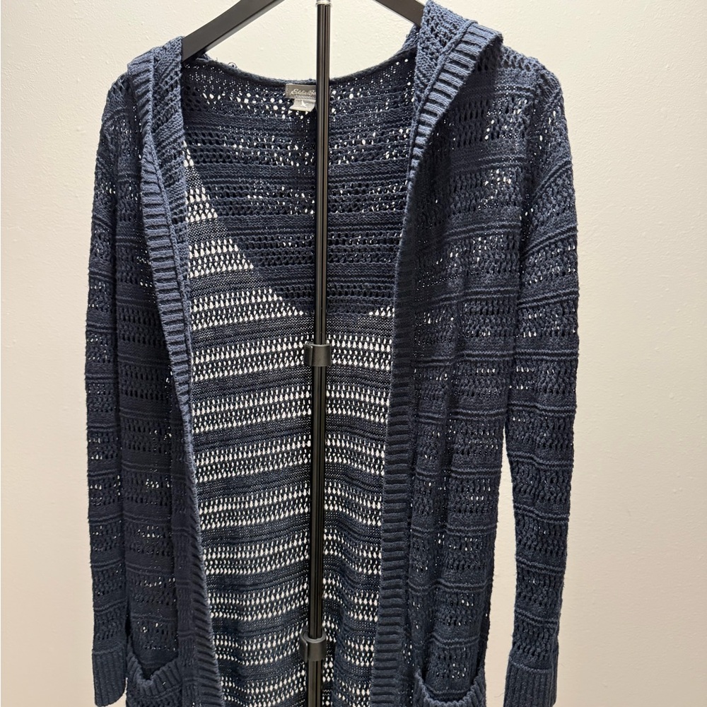 Eddie Bauer Dark Blue Open-Knit Hooded Cardigan